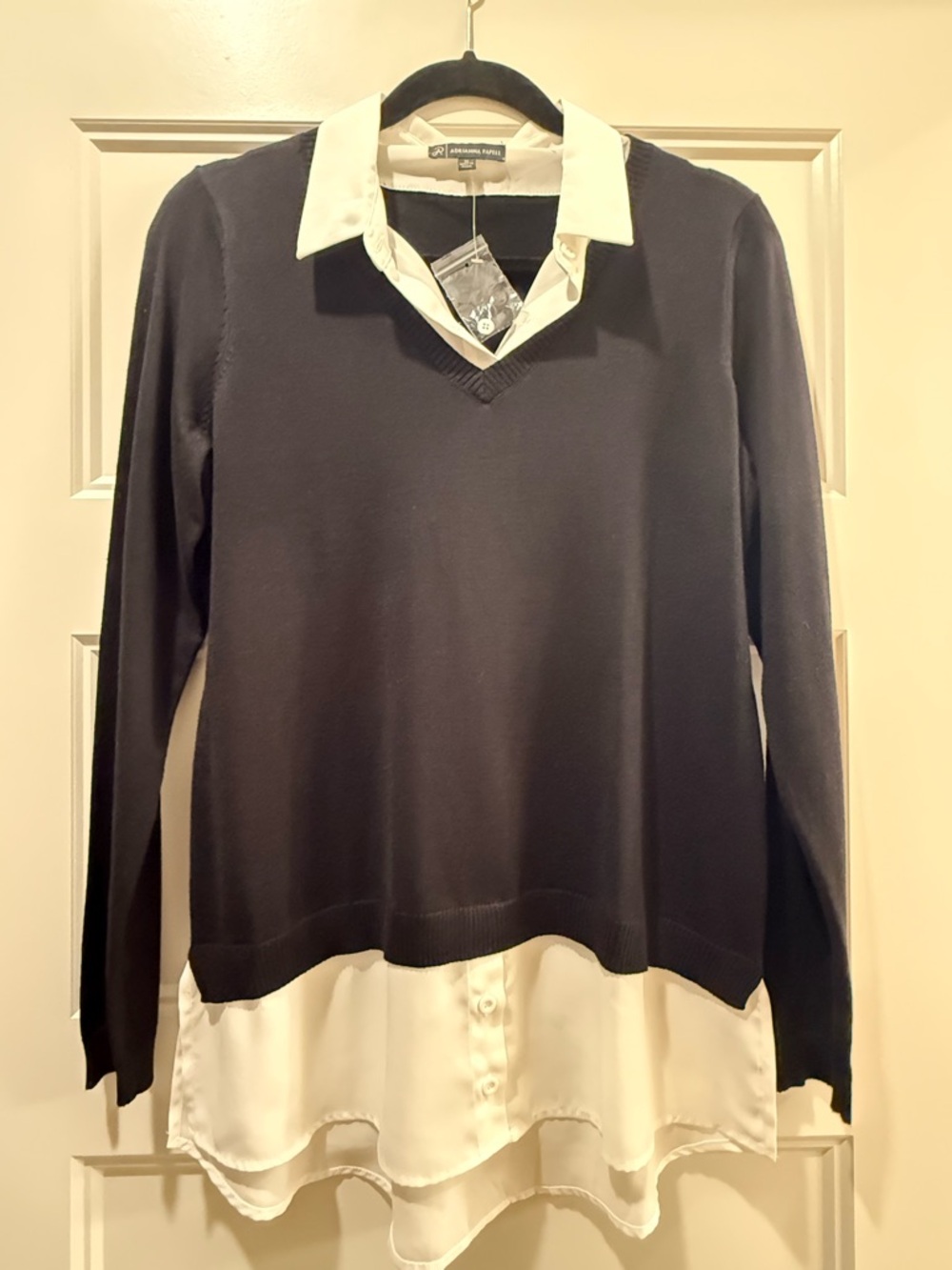 Adrianna Papell Black V-Neck Sweater with White Shirt Hem NWT